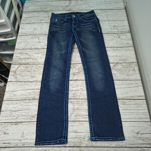 True Religion Vintage Y2K Low Rise Thick Blue Stitching Jeans Size 27